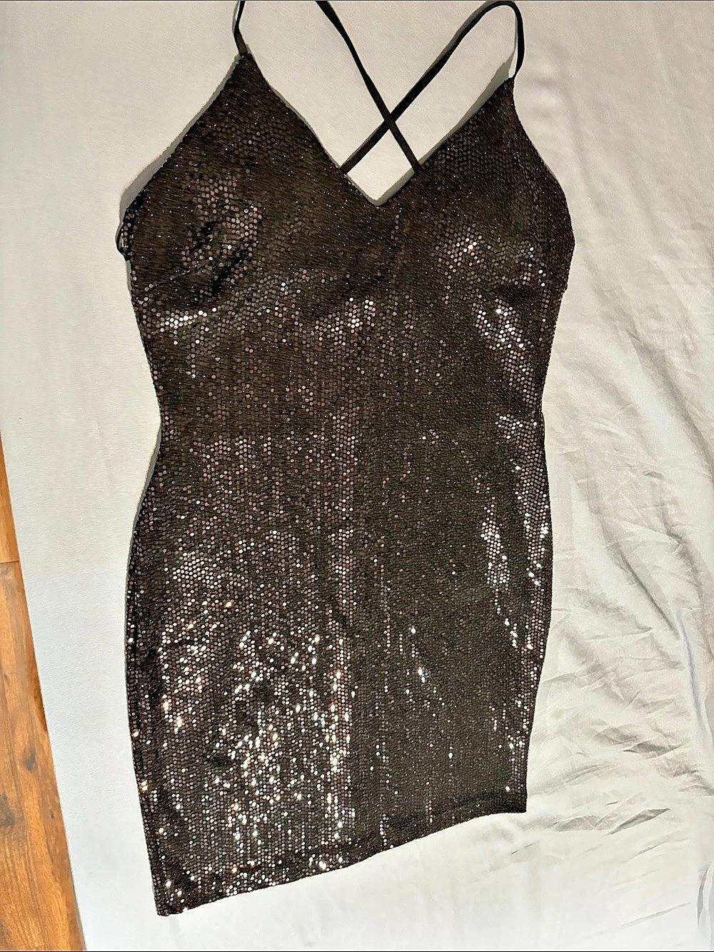 Sequin Strappy Mini Dress in Black Like New